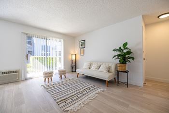 A living room with a couch and a rug